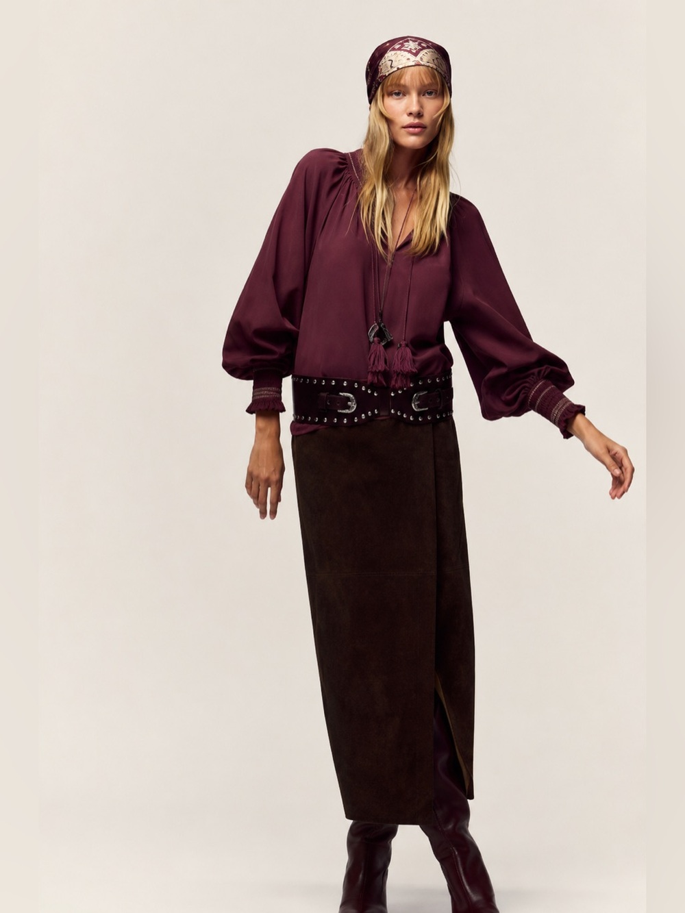 NWT Zara Embroider Tassel Burgundy Boho Peasant Long Balloon Sleeve Top